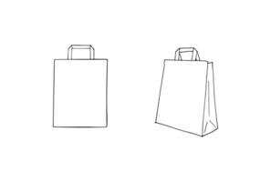 Delivery paper bags set. Sketch of paper bag for grocery shopping. Lunch package. Delivery paper bag with handles. Vector hand-drawn illustration isolated on white background.