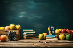 AI generated Happy Teacher Day Realistic University Image with Books, Pencils and Apples Generative AI photo