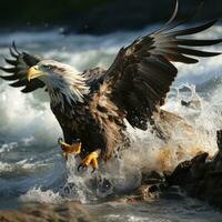 AI generated Image Eagles Attack Fish in the Rocks, Ready for Hunting Generative AI photo