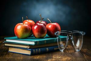 ai generado contento profesor día escena realista Universidad salón de clases con libros lapices manzanas generativo ai foto