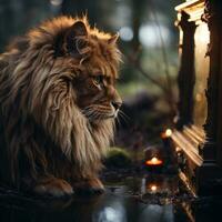 AI generated Lion in Room Realistic Animal Looking into Mirror at Night with Light Bulb Generative AI photo