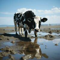 ai generado foto toro Bebiendo agua en playa negro y blanco vaca con vaso generativo ai
