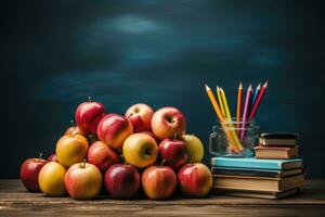 ai generado conocimiento y educación imagen realista colegio salón de clases con libros lapices manzanas generativo ai foto