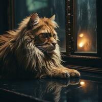 AI generated Lion in Room Realistic Night View Image with Light Bulb Looking into Mirror Generative AI photo