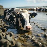 AI generated Ox and Cow Realistic Photo, Drinking Water in Coastal Scene, Black and White Generative AI photo