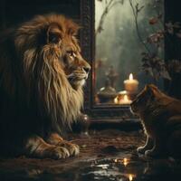 AI generated Night View Room Realistic Animal Looking into Mirror with Light Bulb Image Generative AI photo