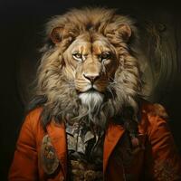 AI generated Realistic Animal Image a Lion in Man Suit Looking at Camera at Night in Paint Coat Generative AI photo