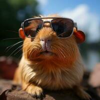 ai generado mascota cerdo en puesta de sol linda Guinea cerdo vistiendo marrón lentes generativo ai foto