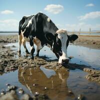 AI generated Realistic Coastal Image Ox Drinking Water, Beautiful Black and White Cow, Glass in View Generative AI photo