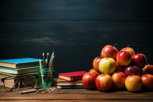 ai generado realista collage salón de clases contento profesor día con libros manzanas lapices generativo ai foto