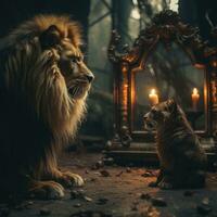 AI generated Realistic Animal Image Looking into Mirror in Room Night View with Light Bulb Generative AI photo
