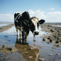 ai generado realista costero imagen buey Bebiendo agua, negro y blanco belleza vaca, vaso en mano generativo ai foto