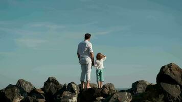 Father and son stand on the edge of a cliff and look at the ocean. video