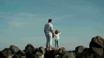 Father and son stand on the edge of a cliff and look at the ocean. video