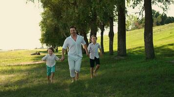 père et deux fils courir par le herbe en portant mains video