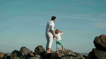 Father and son stand on the edge of a cliff and look at the ocean. video