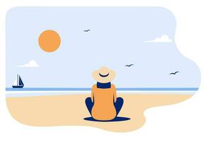 A woman sitting on the sand on the seashore and looking at a yacht, seagulls, clouds and the sun. Flat vector illustration.