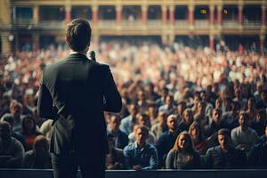 AI Generated Back view of the presenting business man front of people.by Generative AI. photo