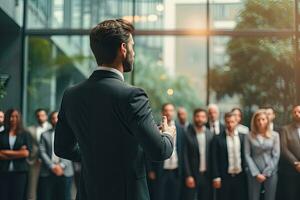 AI Generated Back view of the presenting business man front of people.by Generative AI. photo