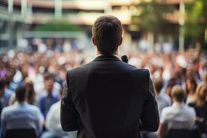 AI Generated Back view of the presenting business man front of people.by Generative AI. photo