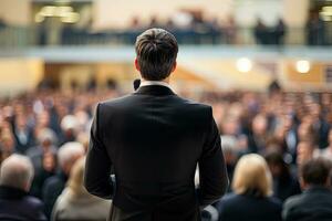 ai generado espalda ver de el presentación negocio hombre frente de personas.por generativo ai. foto