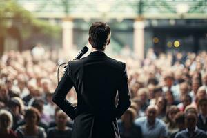 AI Generated Back view of the presenting business man front of people.by Generative AI. photo