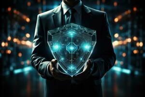 AI Generated Cyber security safe data protection business technology privacy concept. Businessman holding shield protect security icon security on the virtual display.Information security system photo