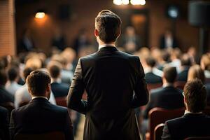 ai generado espalda ver de el presentación negocio hombre frente de personas.por generativo ai. foto