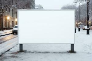 AI Generated Blank white billboard or display, advertising, blurred background.by Generative AI. photo