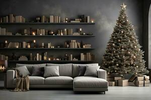 AI Generated Living room decorated for Christmas with trees, gifts, walls, posters, canvas, full screen mockup, paint, frames. by Generative AI photo