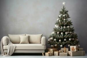 AI Generated Living room decorated for Christmas with trees, gifts, walls, posters, canvas, full screen mockup, paint, frames. by Generative AI photo