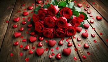 AI generated Bouquet of Love Red Roses and Heart Confetti photo