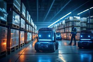 AI Generated A cargo transport robot is parked on the floor near shelves with merchandise in a spacious warehouse that is lit at night. by Generative AI photo