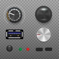 Realistic volume dial vector. Metal and plastic radio knob. Stereo sound round tuner, slider and button. vector