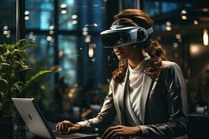 AI Generated Business woman wearing a VR headset. Surreal world and virtual reality. Working in a modern office by Generative AI photo