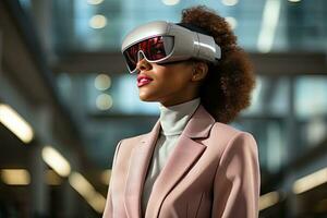 AI Generated Business woman wearing a VR headset. Surreal world and virtual reality. Working in a modern office by Generative AI photo