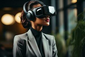 AI Generated Business woman wearing a VR headset. Surreal world and virtual reality. Working in a modern office by Generative AI photo