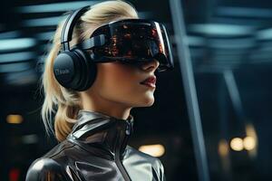 AI Generated Business woman wearing a VR headset. Surreal world and virtual reality. Working in a modern office by Generative AI photo