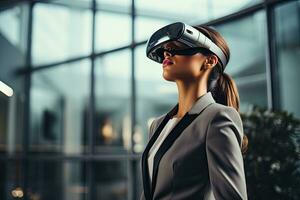AI Generated Business woman wearing a VR headset. Surreal world and virtual reality. Working in a modern office by Generative AI photo