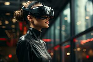 AI Generated Business woman wearing a VR headset. Surreal world and virtual reality. Working in a modern office by Generative AI photo