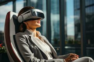 AI Generated Business woman wearing a VR headset. Surreal world and virtual reality. Working in a modern office by Generative AI photo