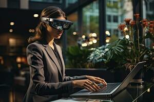 AI Generated Business woman wearing a VR headset. Surreal world and virtual reality. Working in a modern office by Generative AI photo