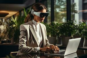 AI Generated Business woman wearing a VR headset. Surreal world and virtual reality. Working in a modern office by Generative AI photo