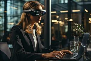 AI Generated Business woman wearing a VR headset. Surreal world and virtual reality. Working in a modern office by Generative AI photo