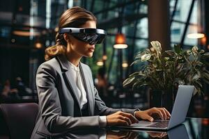 AI Generated Business woman wearing a VR headset. Surreal world and virtual reality. Working in a modern office by Generative AI photo