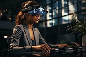 AI Generated Business woman wearing a VR headset. Surreal world and virtual reality. Working in a modern office by Generative AI photo