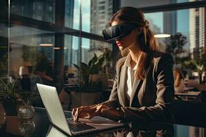 AI Generated Business woman wearing a VR headset. Surreal world and virtual reality. Working in a modern office by Generative AI photo