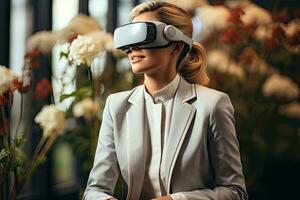 AI Generated Business woman wearing a VR headset. Surreal world and virtual reality. Working in a modern office by Generative AI photo