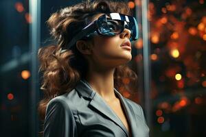 AI Generated Business woman wearing a VR headset. Surreal world and virtual reality. Working in a modern office by Generative AI photo