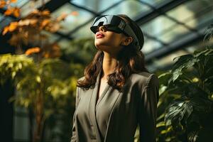 AI Generated Business woman wearing a VR headset. Surreal world and virtual reality. Working in a modern office by Generative AI photo